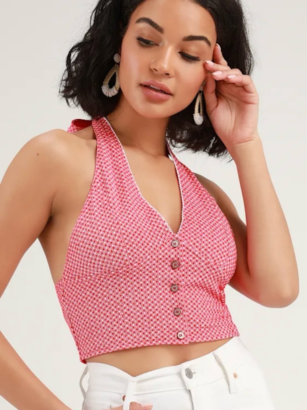 Free People red Halter Button-Front Cropped Top